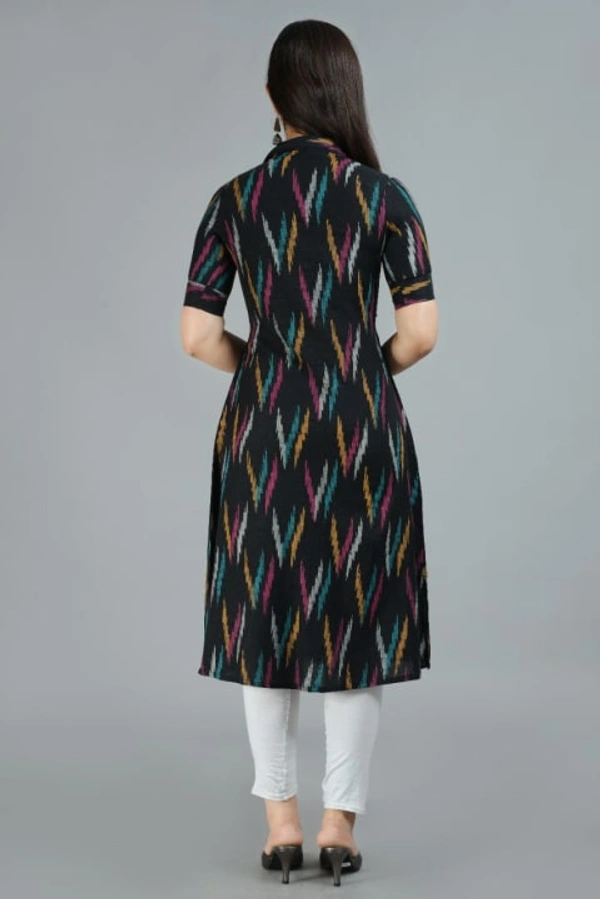 Glorious Cotton Blend Ikat Print Knee Length A-Line Kurti for Women - Black, M