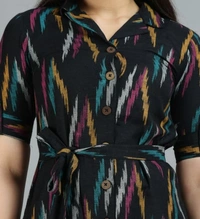 Glorious Cotton Blend Ikat Print Knee Length A-Line Kurti for Women - Black, M