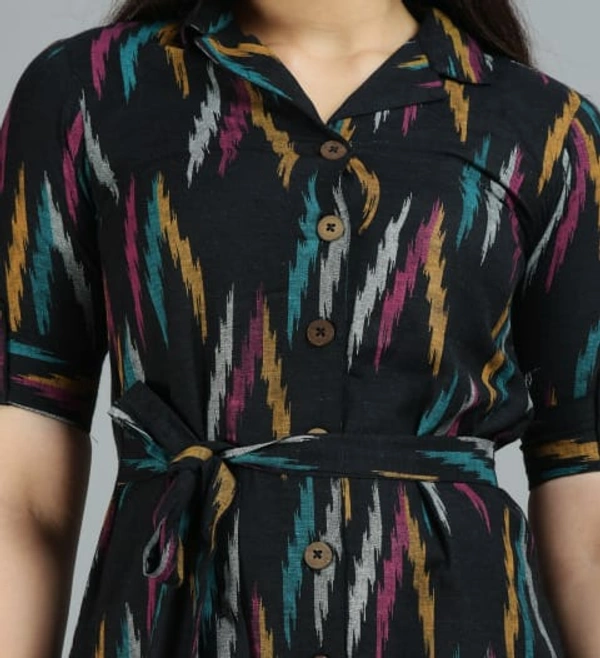 Glorious Cotton Blend Ikat Print Knee Length A-Line Kurti for Women - Black, M