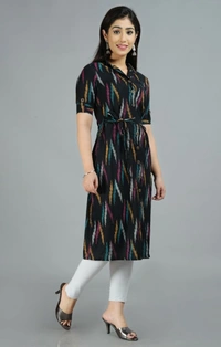 Glorious Cotton Blend Ikat Print Knee Length A-Line Kurti for Women - Black, M