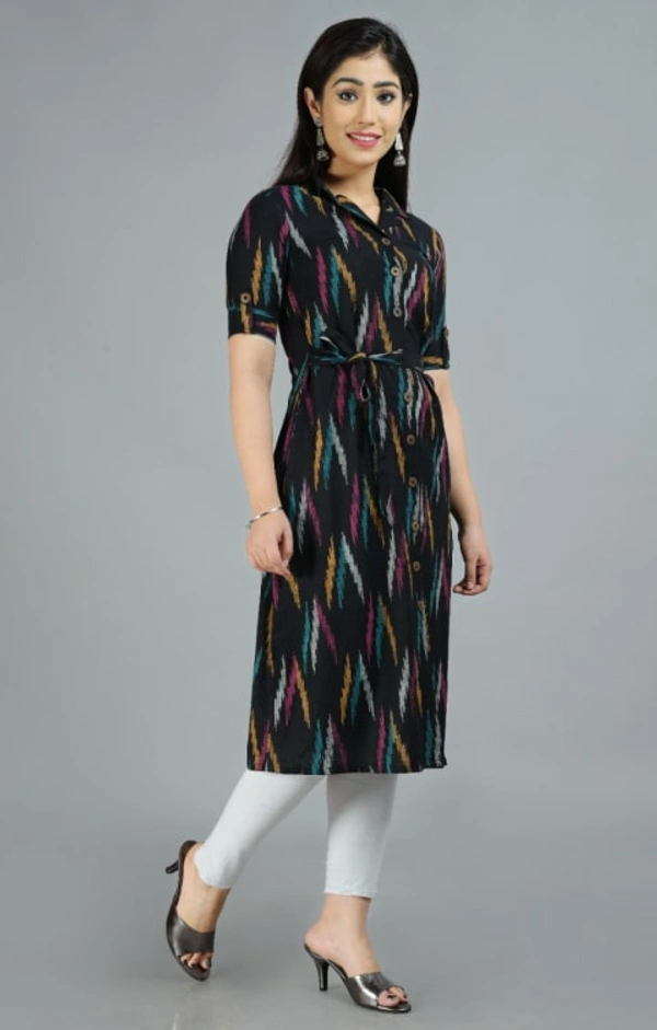 Glorious Cotton Blend Ikat Print Knee Length A-Line Kurti for Women - Black, M