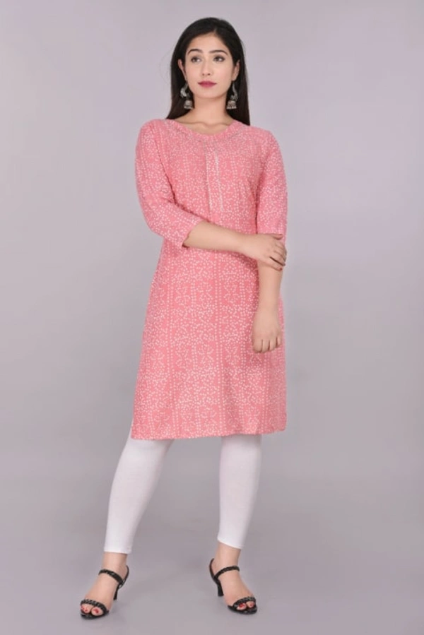 Glorious Rayon Bandhej Print Knee Length Straight Kurti for Women - Pink, M