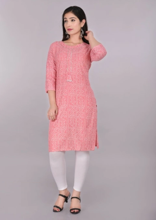 Glorious Rayon Bandhej Print Knee Length Straight Kurti for Women - Pink, L