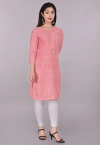 Glorious Rayon Bandhej Print Knee Length Straight Kurti for Women - Pink, L