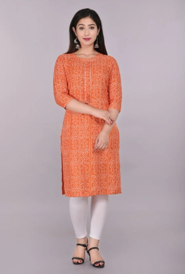 Glorious Rayon Bandhej Print Knee Length Straight Kurti for Women - L, Orange