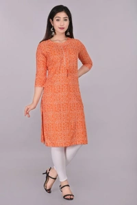 Glorious Rayon Bandhej Print Knee Length Straight Kurti for Women - L, Orange