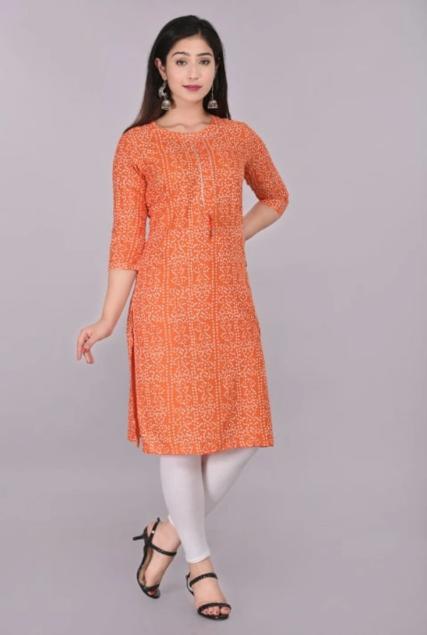 Glorious Rayon Bandhej Print Knee Length Straight Kurti for Women - L, Orange