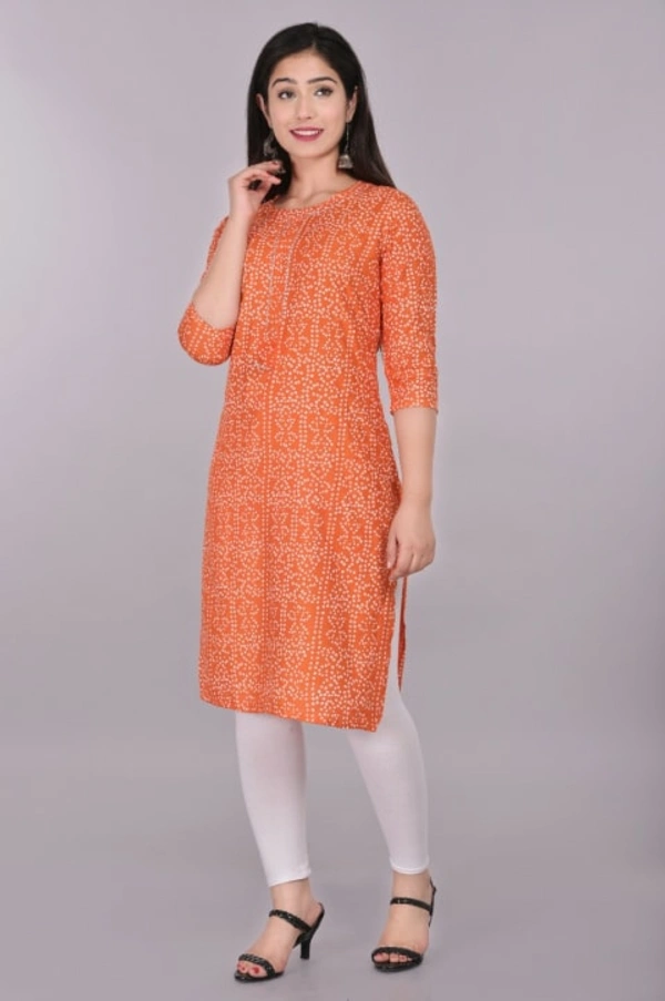 Glorious Rayon Bandhej Print Knee Length Straight Kurti for Women - L, Orange