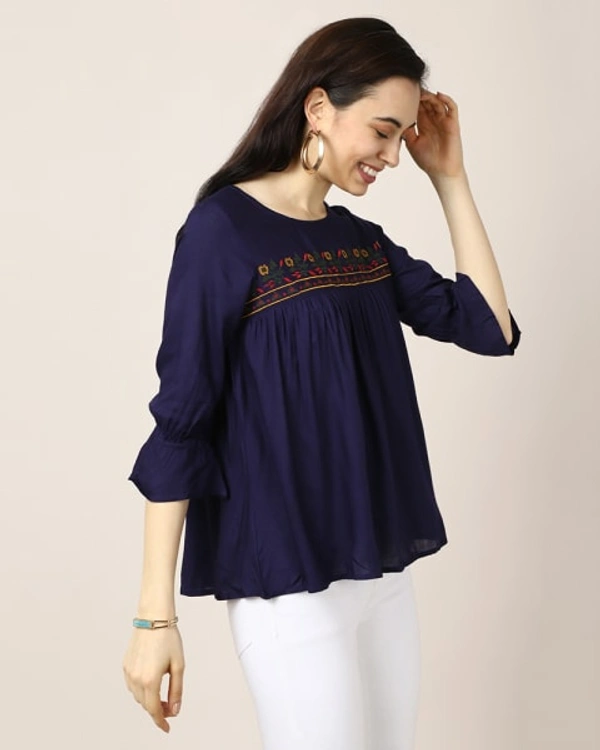 BnC Bold And Classic Yoke Embroidered Top For Women - Navy - S