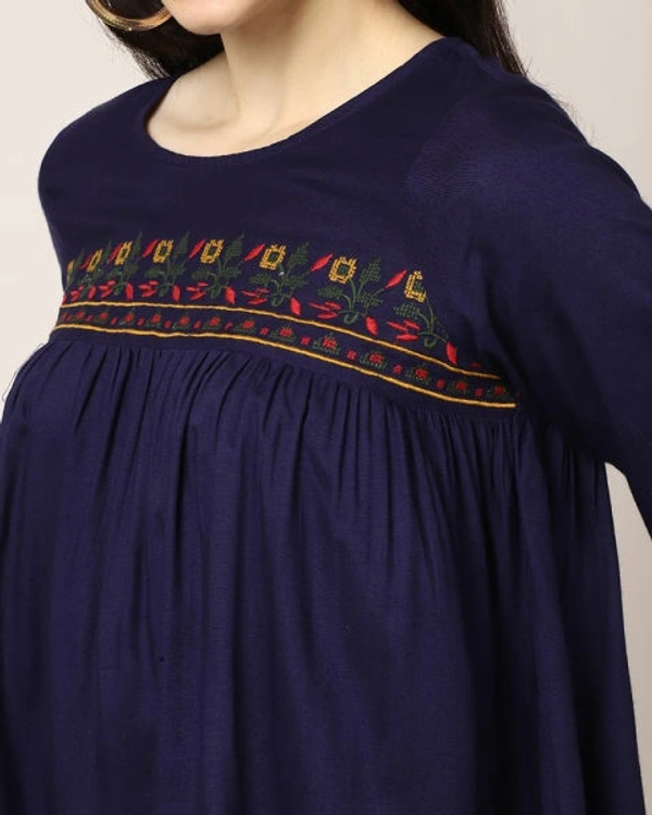 BnC Bold And Classic Yoke Embroidered Top For Women - Navy - S