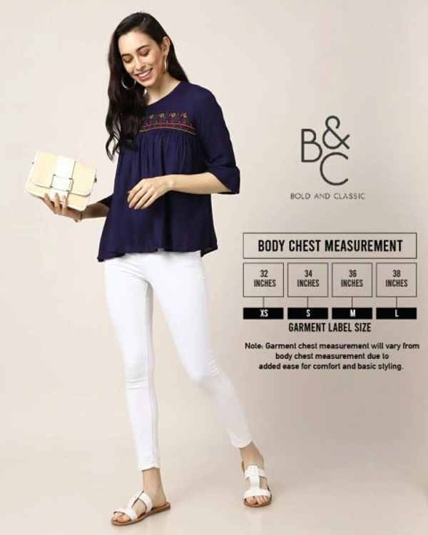 BnC Bold And Classic Yoke Embroidered Top For Women - Navy - S