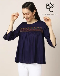 BnC Bold And Classic Yoke Embroidered Top For Women - Navy - S