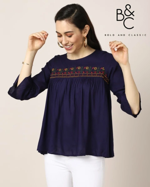BnC Bold And Classic Yoke Embroidered Top For Women - Navy - S