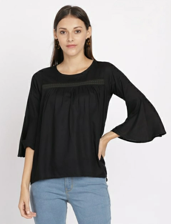 FBS  3/4 Sleeve Lace Patch at Yoke Top Solid Rayon - Black - S