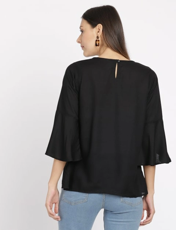 FBS  3/4 Sleeve Lace Patch at Yoke Top Solid Rayon - Black - S
