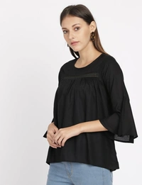 FBS  3/4 Sleeve Lace Patch at Yoke Top Solid Rayon - Black - S