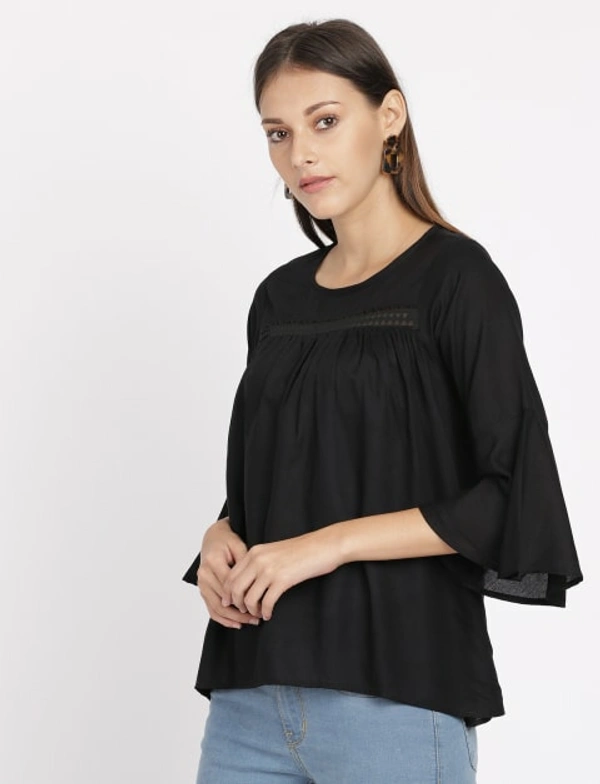 FBS  3/4 Sleeve Lace Patch at Yoke Top Solid Rayon - Black - S