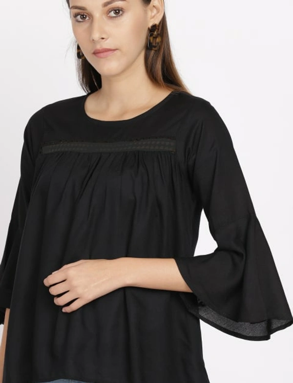 FBS  3/4 Sleeve Lace Patch at Yoke Top Solid Rayon - Black - S