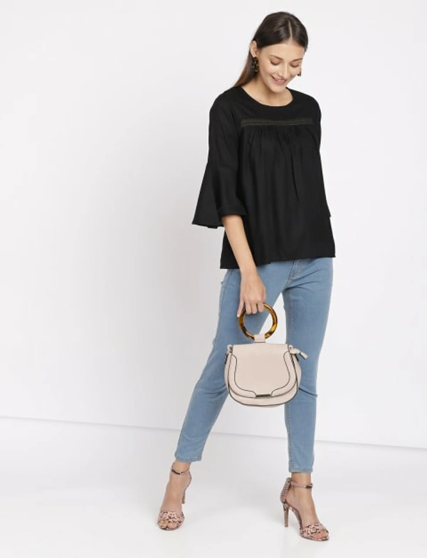 FBS  3/4 Sleeve Lace Patch at Yoke Top Solid Rayon - Black - S