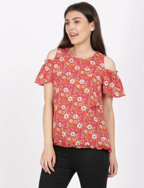 FBS Rayon Top with Ruffled Cold Shoulder Sleeves For Women - Red - S