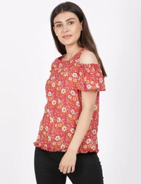 FBS Rayon Top with Ruffled Cold Shoulder Sleeves For Women - Red - S