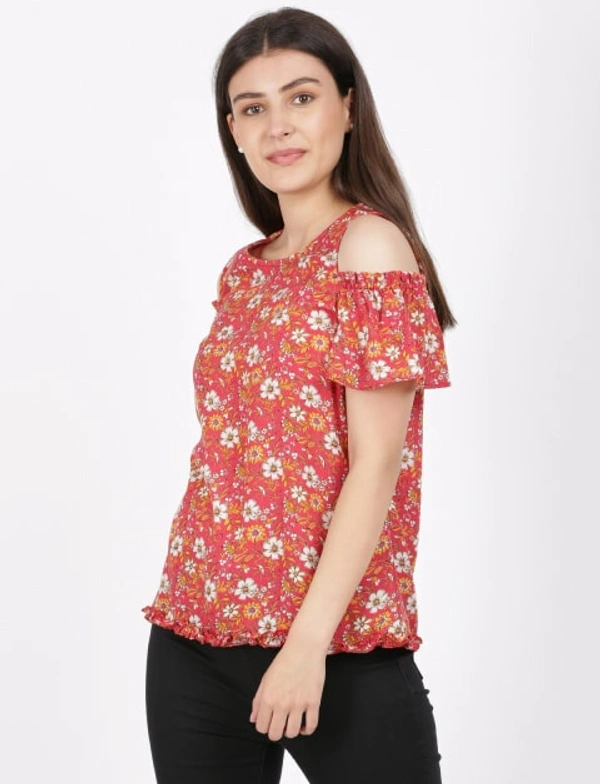 FBS Rayon Top with Ruffled Cold Shoulder Sleeves For Women - Red - S