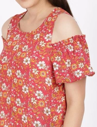 FBS Rayon Top with Ruffled Cold Shoulder Sleeves For Women - Red - S