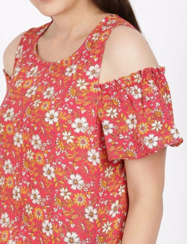 FBS Rayon Top with Ruffled Cold Shoulder Sleeves For Women - Red - S