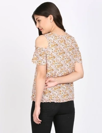 FBS Rayon Top with Ruffled Cold Shoulder Sleeves For Women - Pink - S