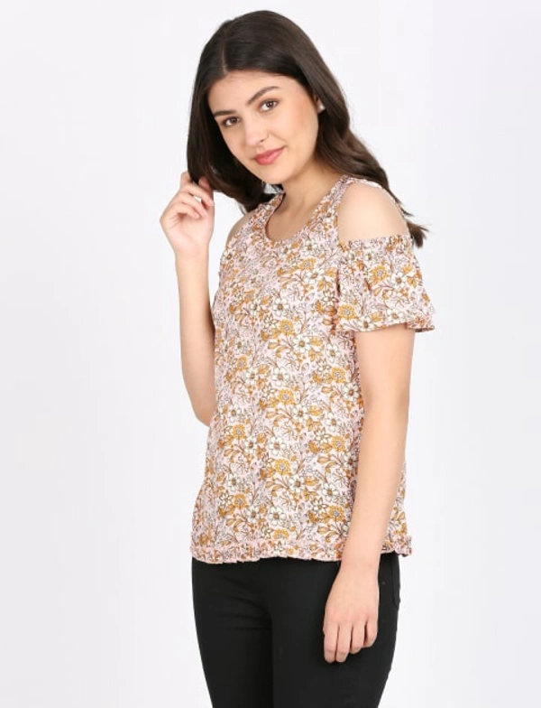 FBS Rayon Top with Ruffled Cold Shoulder Sleeves For Women - Pink - S