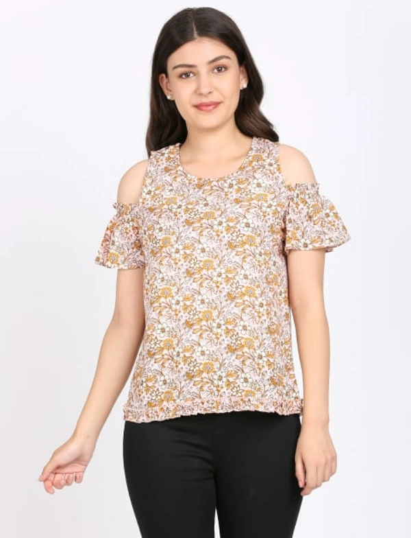 FBS Rayon Top with Ruffled Cold Shoulder Sleeves For Women - Pink - S
