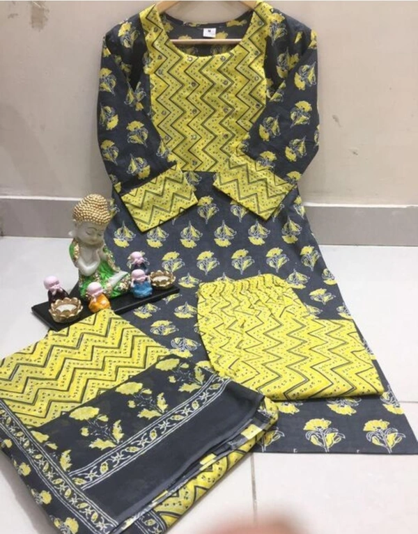 Pehnava Beautiful Soft Cotton Kurta With Pant And Mulmul Dupatta Set - Yellow - M