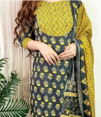 Pehnava Beautiful Soft Cotton Kurta With Pant And Mulmul Dupatta Set - Yellow - M