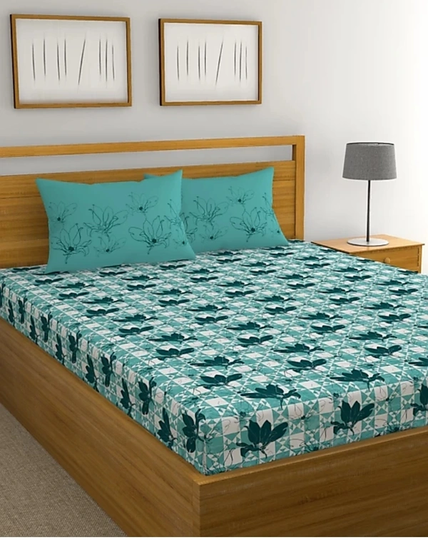 Trident 120 TC Queen Size Double Bed Cotton Bedsheet With 2 Pillow Covers - Sakura Teal, Queen Size