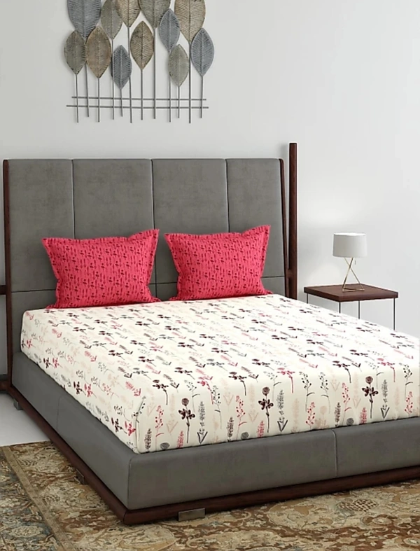 Trident 120 TC Queen Size Double Bed Cotton Bedsheet With 2 Pillow Covers - Botanic Pink, Double Queen