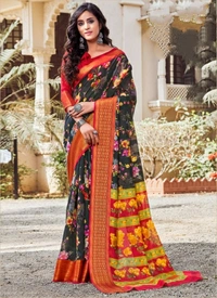 Pehnava Poly Cotton Floral Print Printed Saree With Blouse - 6.3 mtrs w/blouse