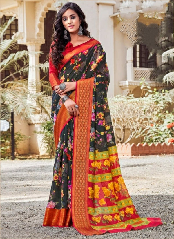 Pehnava Poly Cotton Floral Print Printed Saree With Blouse - 6.3 mtrs w/blouse