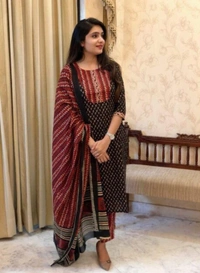 Pehnava Beautiful Soft Cotton Kurta With Pant And Mulmul Dupatta Set - M