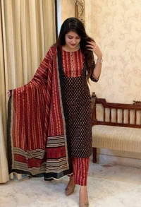 Pehnava Beautiful Soft Cotton Kurta With Pant And Mulmul Dupatta Set - M