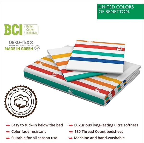 UCB 180 TC Cotton Double Bed Striped Bedsheet With 2 Pillow Covers - King