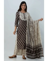 GMJ Floral Printed Straight Cotton Kurta Plazzo & Dupatta Set - M