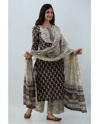 GMJ Floral Printed Straight Cotton Kurta Plazzo & Dupatta Set - M