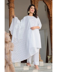 Pehnava Women's Rayon Embroidered Straight Kurta Bottom And Dupatta Suit Set - White - M