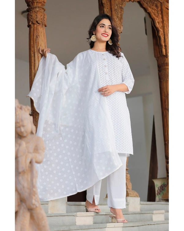 Pehnava Women's Rayon Embroidered Straight Kurta Bottom And Dupatta Suit Set - White - M