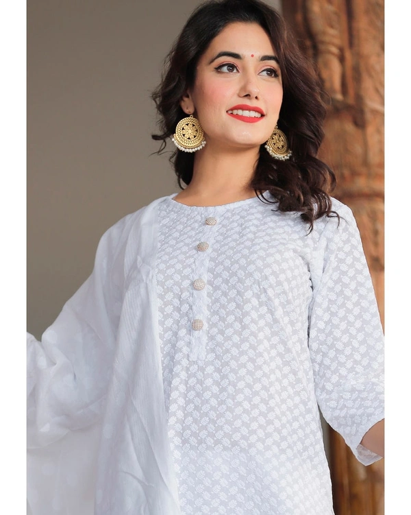 Pehnava Women's Rayon Embroidered Straight Kurta Bottom And Dupatta Suit Set - White - M