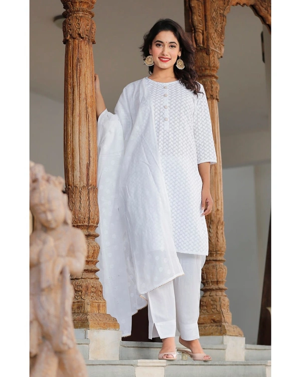 Pehnava Women's Rayon Embroidered Straight Kurta Bottom And Dupatta Suit Set - White - M