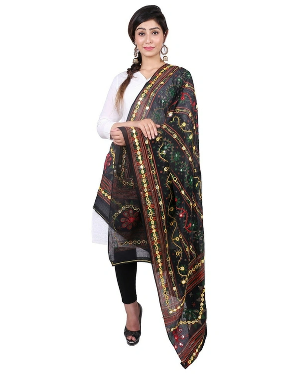 Pehnava Women's Cotton Phulkari Embroidered Dupatta - Black - Large (2.25 mtrs)