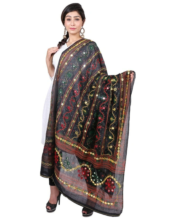 Pehnava Women's Cotton Phulkari Embroidered Dupatta - Black - Large (2.25 mtrs)