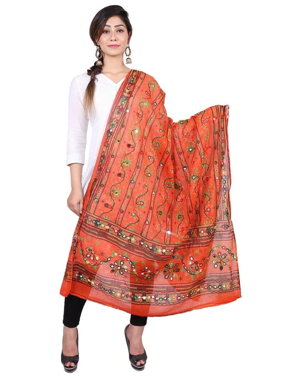 Pehnava Women's Cotton Phulkari Embroidered Dupatta - Orange - Free Size ( 2.25 mtrs) 