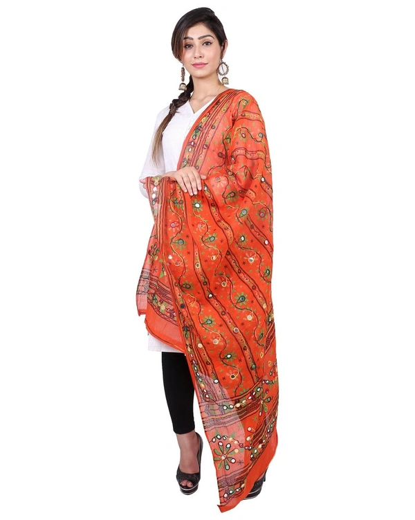 Pehnava Women's Cotton Phulkari Embroidered Dupatta - Orange - Free Size ( 2.25 mtrs) 